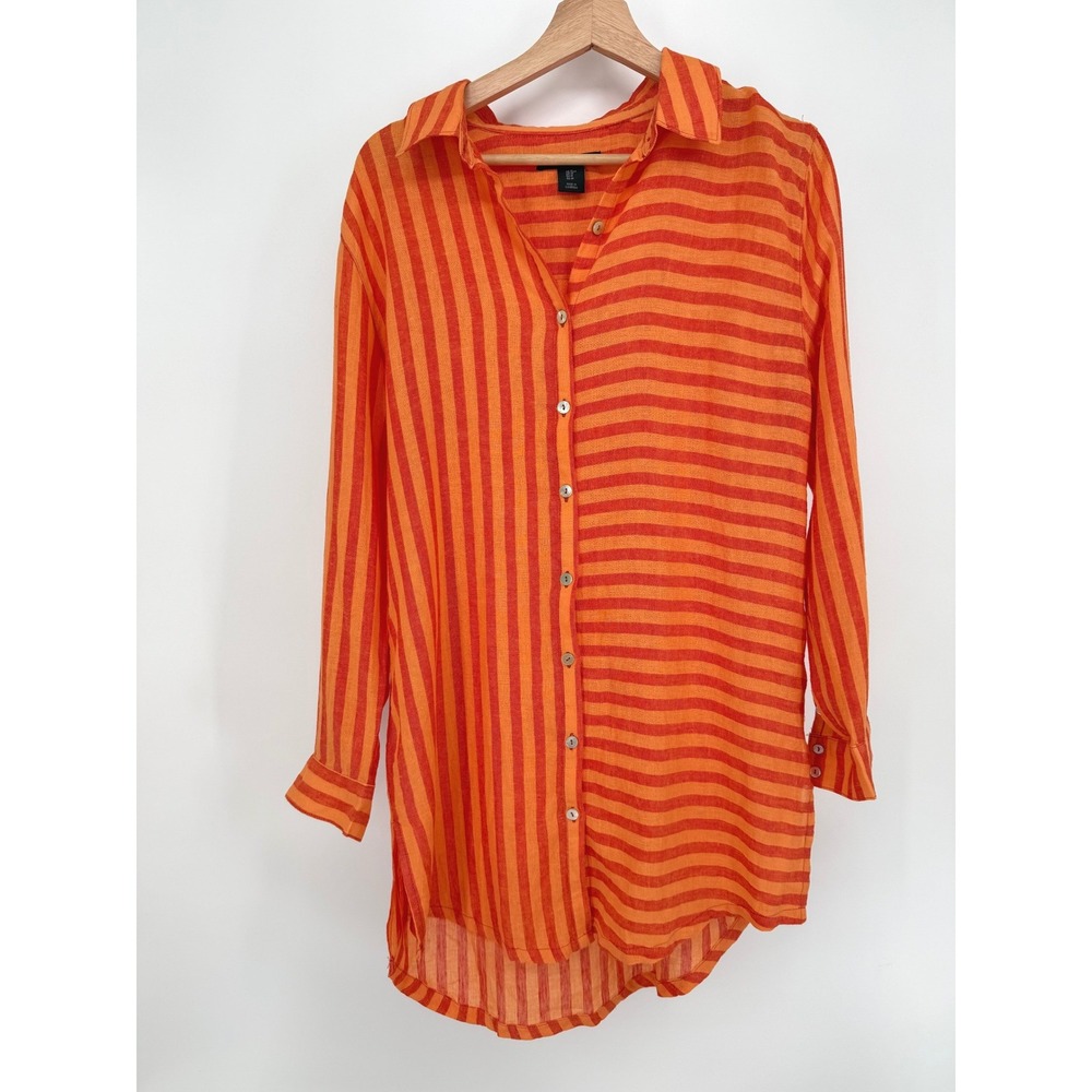 Tahari Orange Linen Blend
Stripe Roll Tab Sleeve Collared Shirt Women's Medium